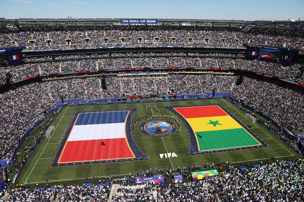 Players stand for the National Anthem during the World Cup Group I soccer match between France and Senegal in East Rutherford, N.J., near New York, Tuesday, June 16, 2026. (AP Photo/Pamela Smith)