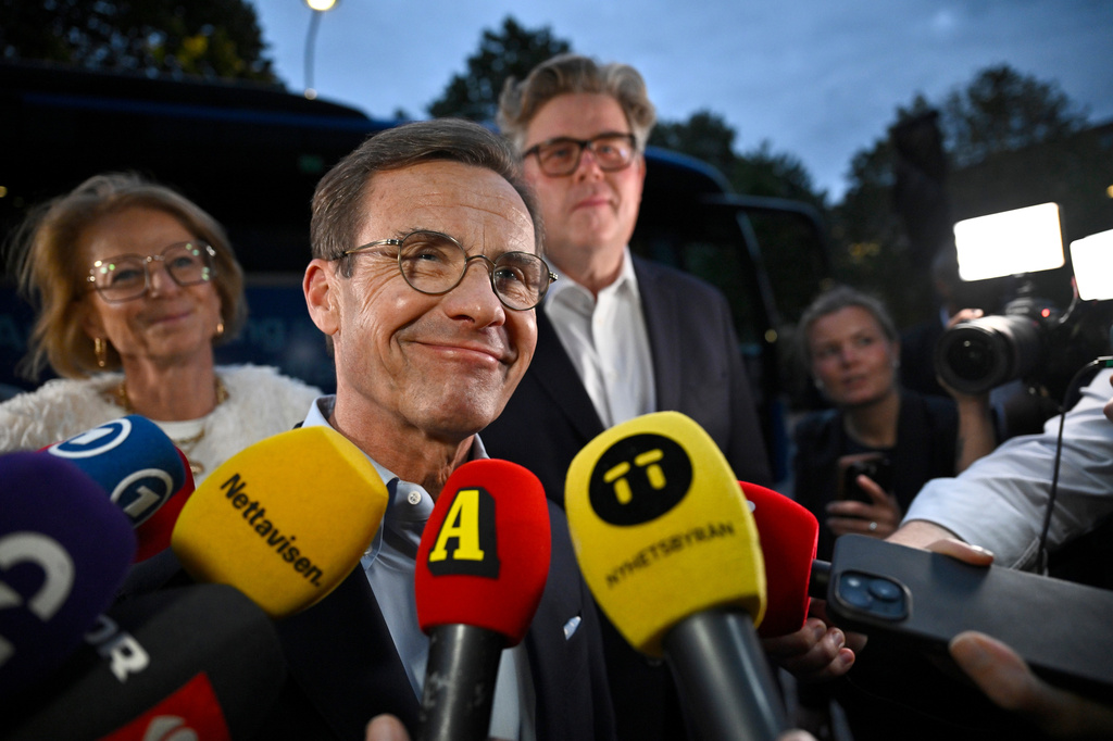 Swedish Prime Minister Ulf Kristersson arrives at the Moderate Party election watch night in Stockholm, Sweden, Sunday, Sept. 13, 2026. (Christine Olsson/TT News Agency via AP)