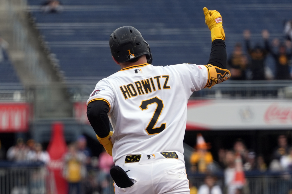 Pittsburgh Pirates' Spencer Horwitz celebrate as he rounds the bases on his home run off Tampa Bay Rays pitcher Mason Englert in the sixth inning of a baseball game in Pittsburgh, Sunday, April 19, 2026. (AP Photo/Tom E. Puskar)