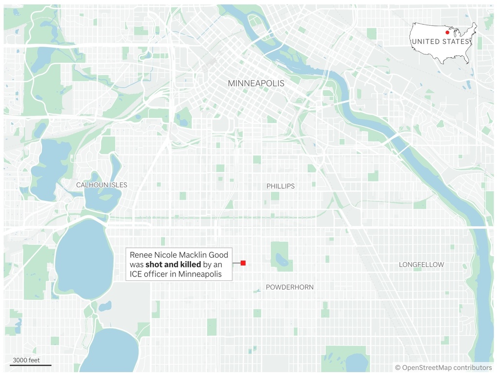 A map showing where a woman was shot and killed by an ICE officer in Minneapolis, Minnesota on Wednesday. (AP Digital Embed)