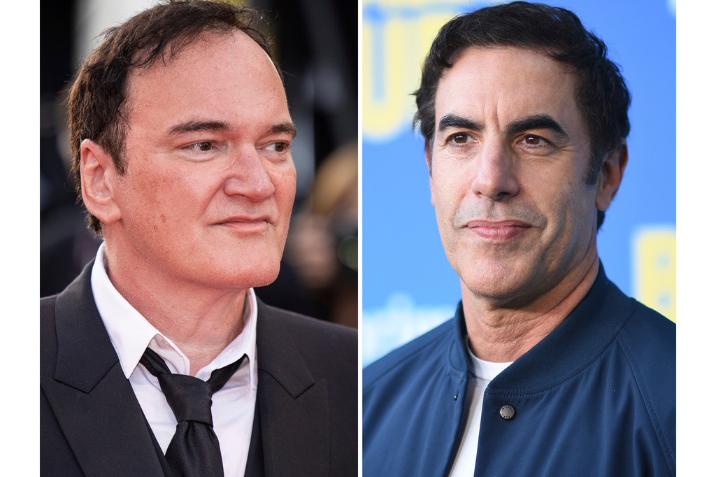 This combination of images shows Quentin Tarantino at the 76th international film festival, Cannes, southern France, on May 27, 2023, left, and Sacha Baron Cohen at the premiere of "Balls Up" in Los Angeles on April 14, 2026. (AP Photo)