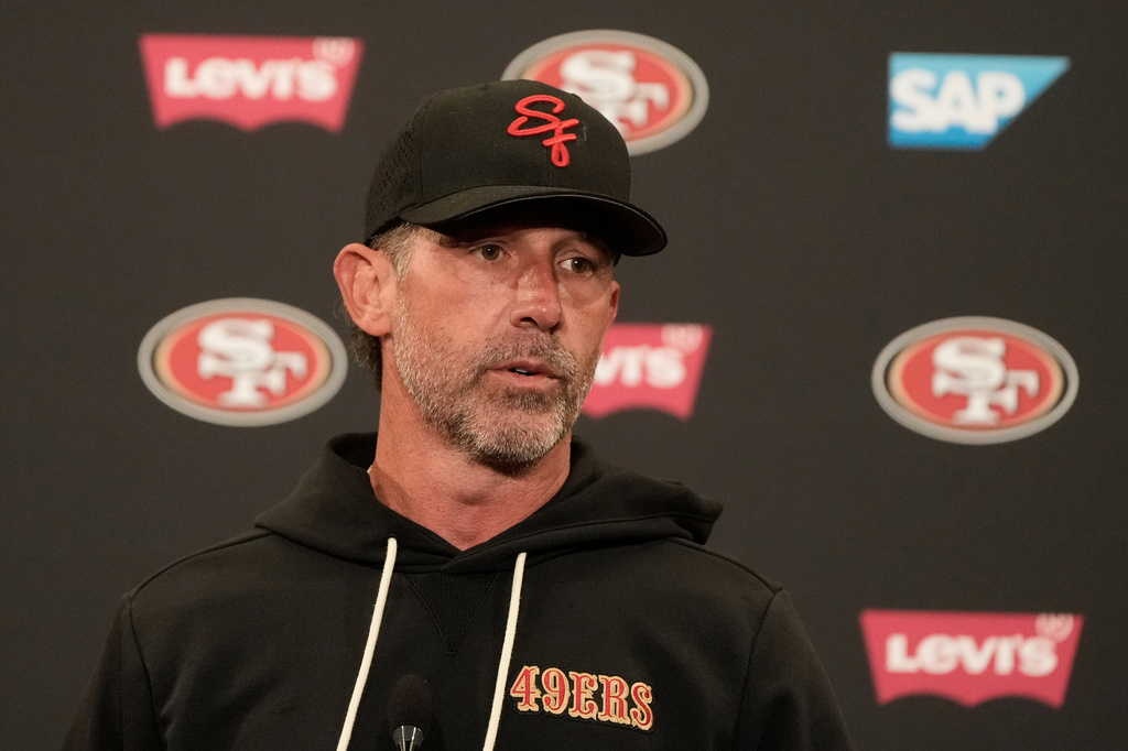 FILE - San Francisco 49ers head coach Kyle Shanahan speaks at a news conference after an NFL football practice Thursday, May 28, 2026, in Santa Clara, Calif. (AP Photo/Jeff Chiu, File)