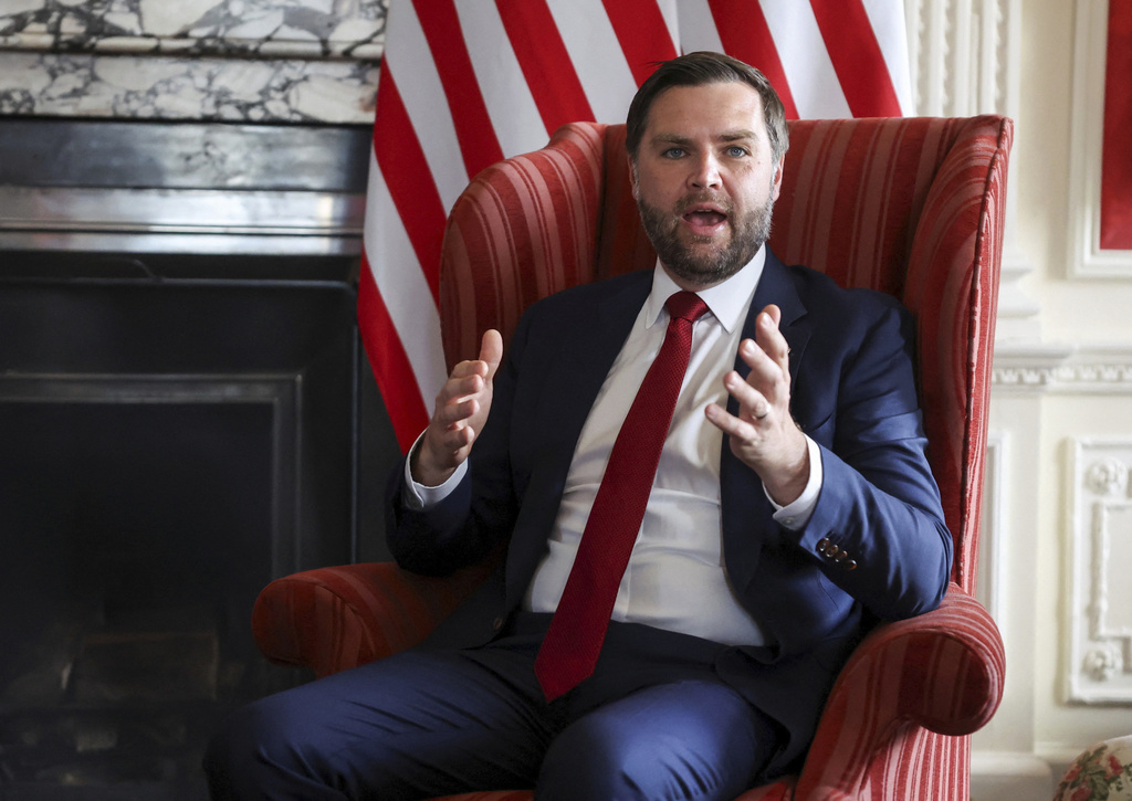 US Vice President JD Vance speaks during a meeting with Britain's Foreign Secretary David Lammy at Chevening House in Kent, England, Friday, Aug. 8, 2025. (Suzanne Plunkett/Pool via AP)