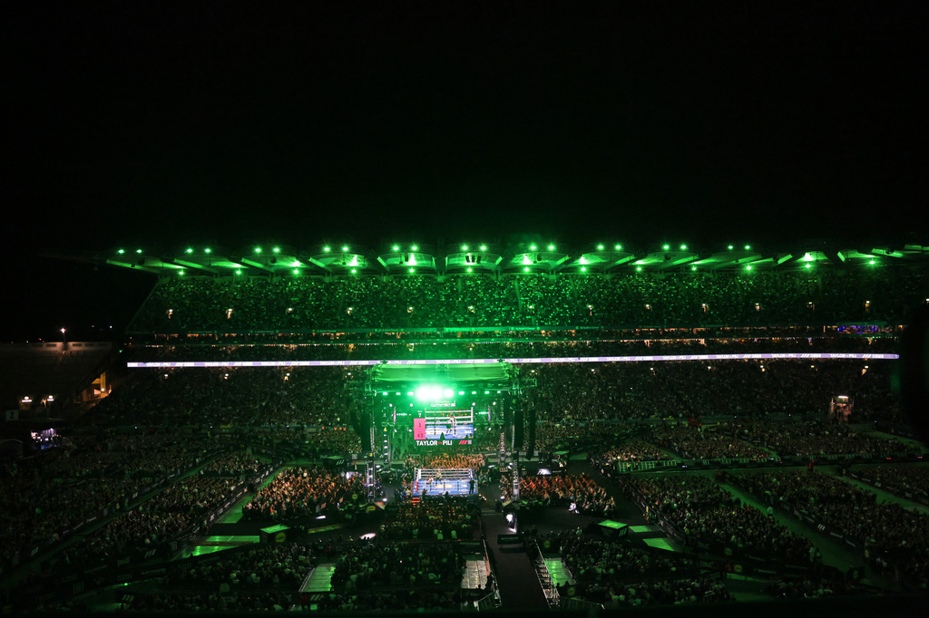 A general view of Croke Park in Dublin as Ireland's Katie Taylor Flora Pili of France compete during their super lightweight world title fight, on Saturday, Sept. 5, 2026. (AP Photo/Peter Morrison)