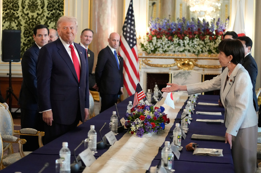 President Donald Trump, front left, and Japan's Prime Minister Sanae Takaichi, right, arrive for their bilateral meeting at Akasaka Palace in Tokyo, Japan, Tuesday, Oct. 28, 2025. (AP Photo/Mark Schiefelbein) President Donald Trump, front left, and Japan's Prime Minister Sanae Takaichi, right, arrive for their bilateral meeting at Akasaka Palace in Tokyo, Japan, Tuesday, Oct. 28, 2025. (AP Photo/Mark Schiefelbein)