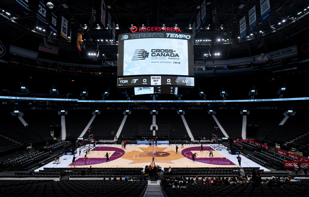 The Toronto Tempo and the Las Vegas Aces warm up before a WNBA basketball game in Vancouver, British Columbia, Sunday, Aug. 23, 2026. (Jacob Mallari/The Canadian Press via AP)