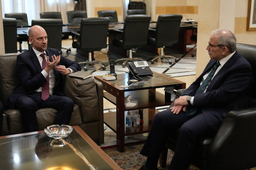 French Foreign Minister Jean-Noel Barrot, left, meets with Lebanese Prime Minister Nawaf Salam, in Beirut, Lebanon, Friday, Feb. 6, 2026. (AP Photo/Hussein Malla)