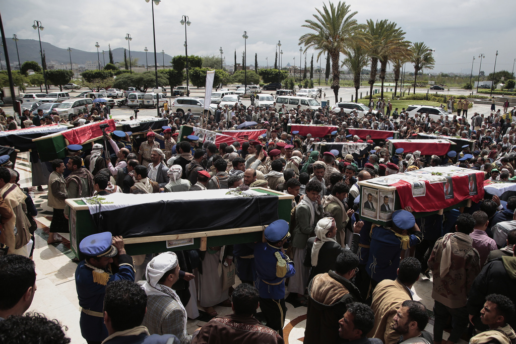 Yemenis cary the coffins of 31 local journalists reportedly killed in Israeli airstrikes last week, during their funeral in Sanaa, Yemen, Tuesday, Sept. 16, 2025. (AP Photo/Osamah Abdulrahman)