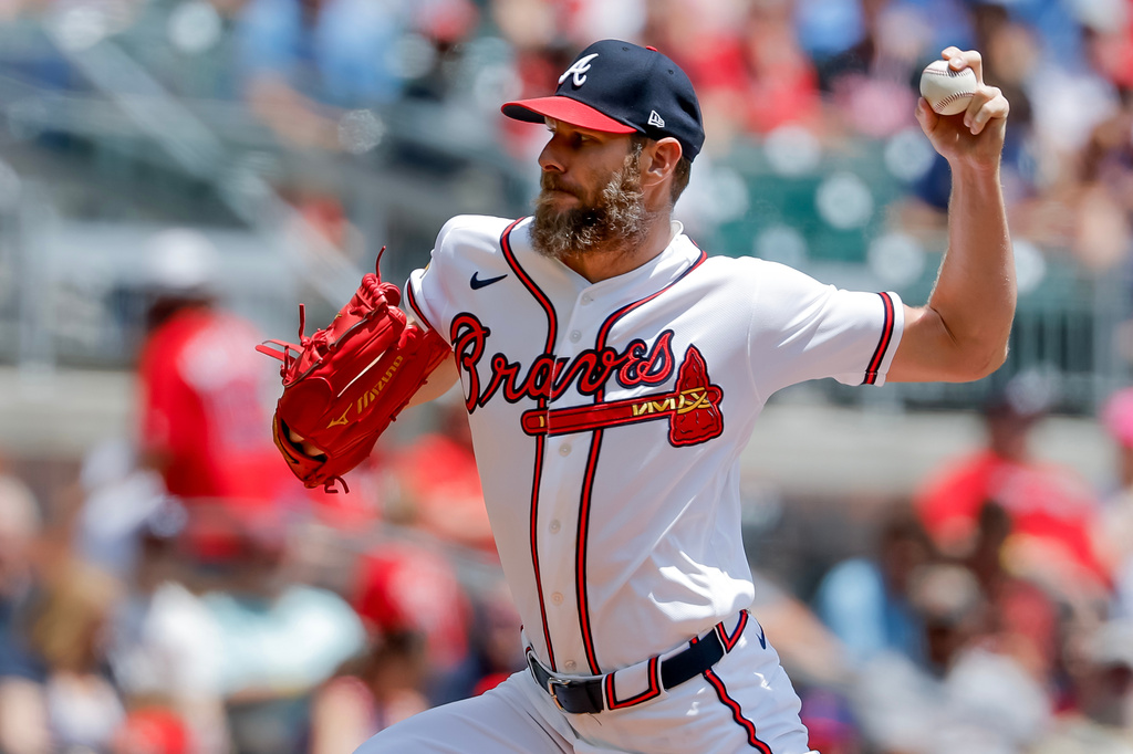 Atlanta Braves starting pitcher Chris Sale (51) delivers to a Philadelphia Phillies batter during the first inning of a baseball game, Sunday, April 26, 2026, in Atlanta. (AP Photo/Erik S. Lesser)