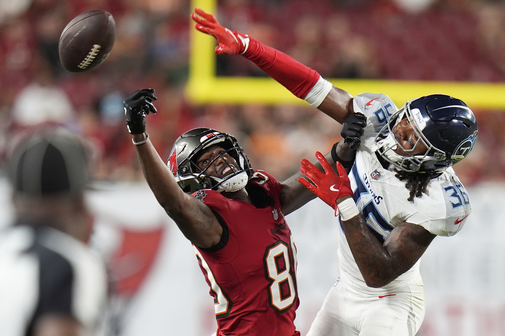 Tennessee Titans cornerback Clarence Lewis breaks up a pass intended for Tampa Bay Buccaneers wide receiver Jaden Smith during the second half of an NFL preseason football game on Saturday, Aug. 9, 2025, in Tampa, Fla. (AP Photo/Chris O'Meara)