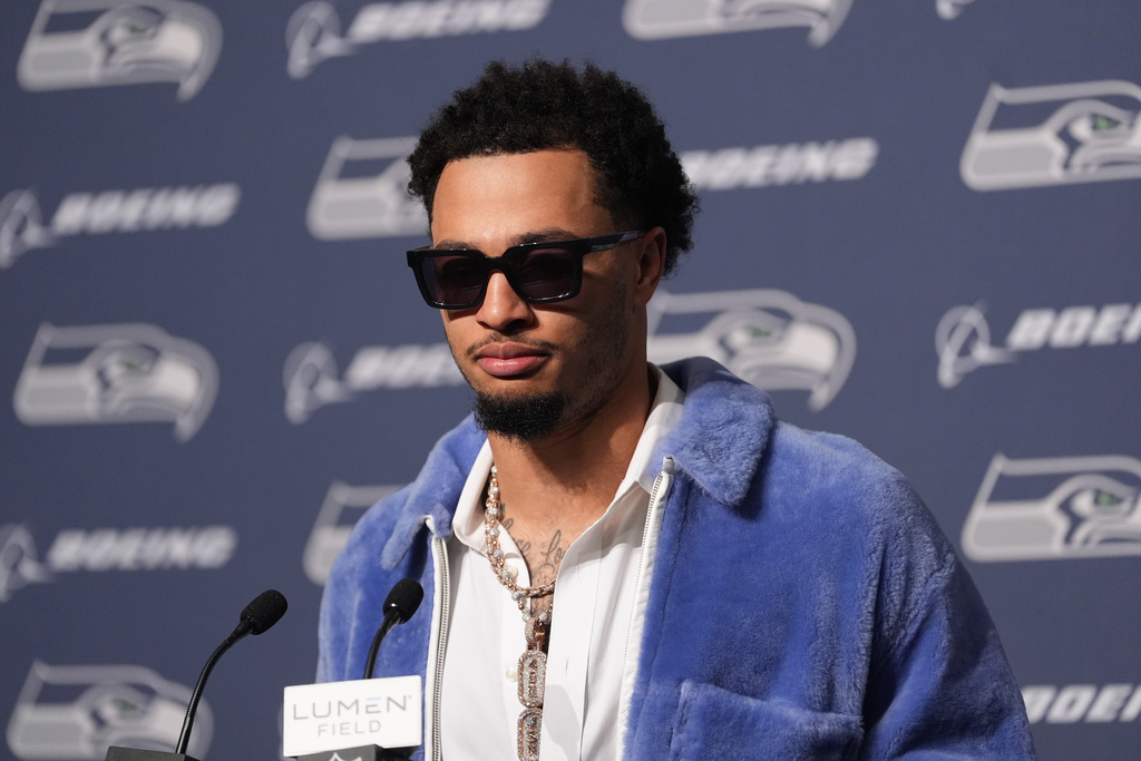 Seattle Seahawks wide receiver Jaxon Smith-Njigba speaks during a news conference after an NFL football game against the Los Angeles Rams, Thursday, Dec. 18, 2025, in Seattle. (AP Photo/Lindsey Wasson)