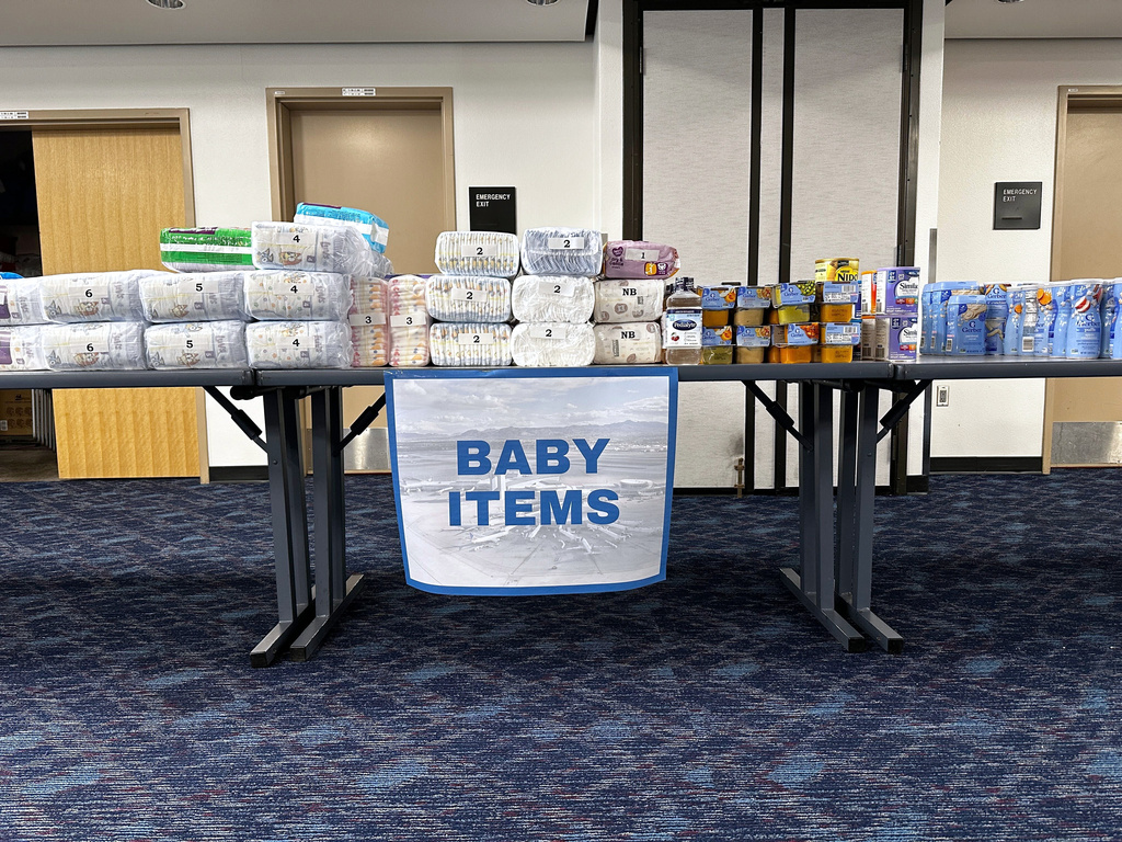 FILE - A food bank is set up at Harry Reid International Airport in Las Vegas, Nv., Oct. 17, 2025. (AP Photo/Rio Yamat, File)