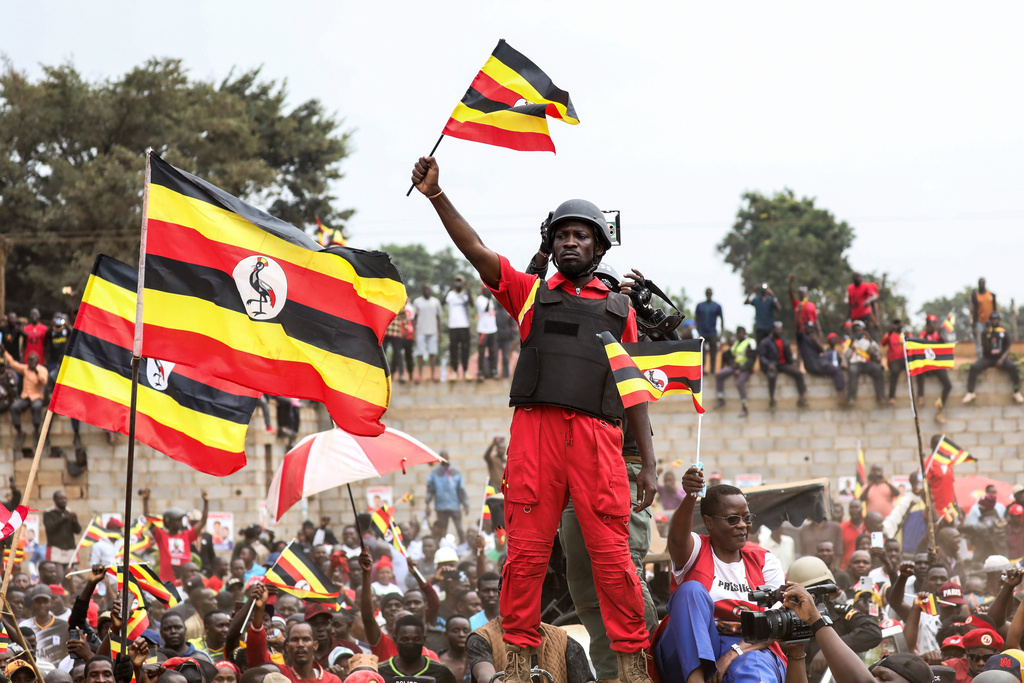 Uganda opposition presidential candidate Robert Kyagulanyi Ssentamu who is known as Bobi Wine waves to supporters at an election campaign rally in Mukono, Uganda, Friday, Jan. 9, 2026. (AP Photo/Hajarah Nalwadda)
