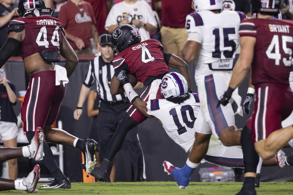 South Carolina defensive back Vicari Swain (4) runs back a punt for a touchdown against the South Carolina State in an NCAA college football game, Saturday, Sept. 6, 2025, in Columbia, S.C. (AP Photo/Scott Kinser)