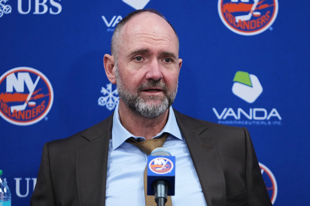 FILE - New York Islanders new head coach Peter DeBoer speaks after an NHL hockey game against the Carolina Hurricanes, April 14, 2026, in Elmont, N.Y. (AP Photo/Frank Franklin II, File)