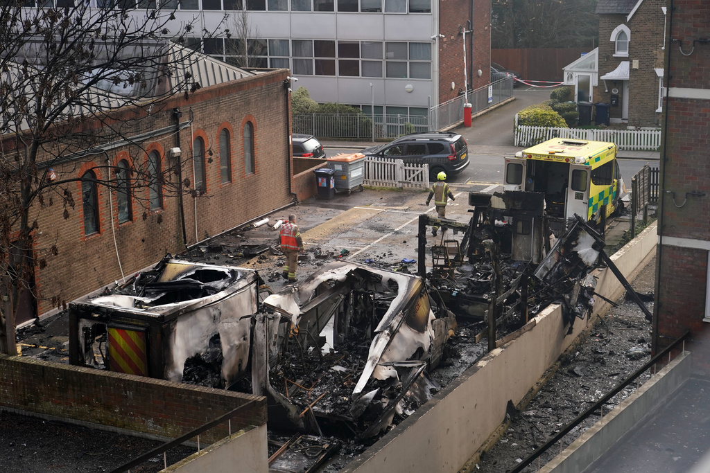 View at burnt Ambulances in a car park at Golders Green in London, Monday, March 23, 2026 after an apparent arson attack on four vehicles belonging to a Jewish ambulance service, Hatzola Northwest, in London.(AP Photo/Alberto Pezzali)