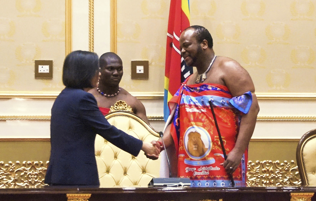 FILE - Taiwan's President Tsai Ing-wen, left, shakes hands with Eswatini's King Mswati III at the royal palace in Ludzidzini, Eswatini Tuesday, Sept. 5, 2023. (AP Photo, file)
