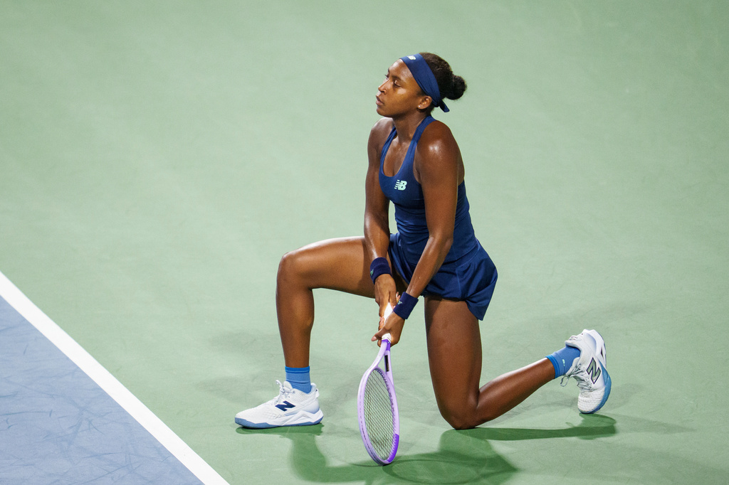 Coco Gauff of the United States reacts during a semi-final match against Elena Rybakina of Kazakhstann at National Bank Open tennis tournament in Toronto, on Wednesday, Aug. 12, 2026. (Keito Newman/The Canadian Press via AP)