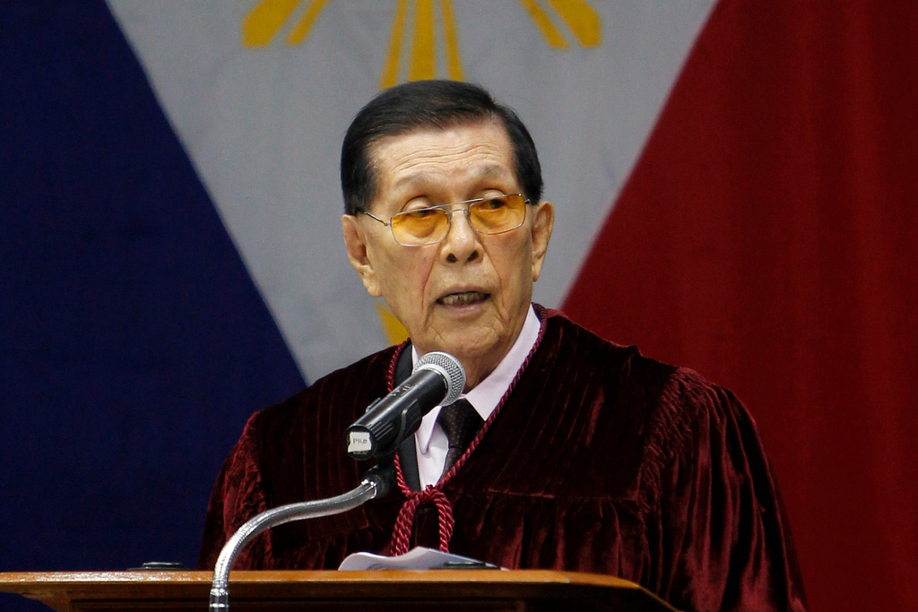 FILE- Philippine Senate President Juan Ponce Enrile delivers his opening remarks at the start of the impeachment trial for Philippine Supreme Court Chief Justice Renato Corona in Manila, Philippines, Jan. 16, 2012. (AP Photo/Bullit Marquez, Pool, File)