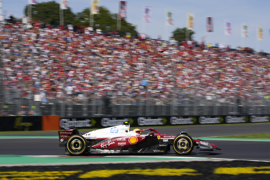 Ferrari driver Lewis Hamilton of Britain steers his car during the third free practice ahead of the Italian Grand Prix at the Monza racetrack in Monza, Italy, Saturday, Sept. 6, 2025. (AP Photo/Luca Bruno)