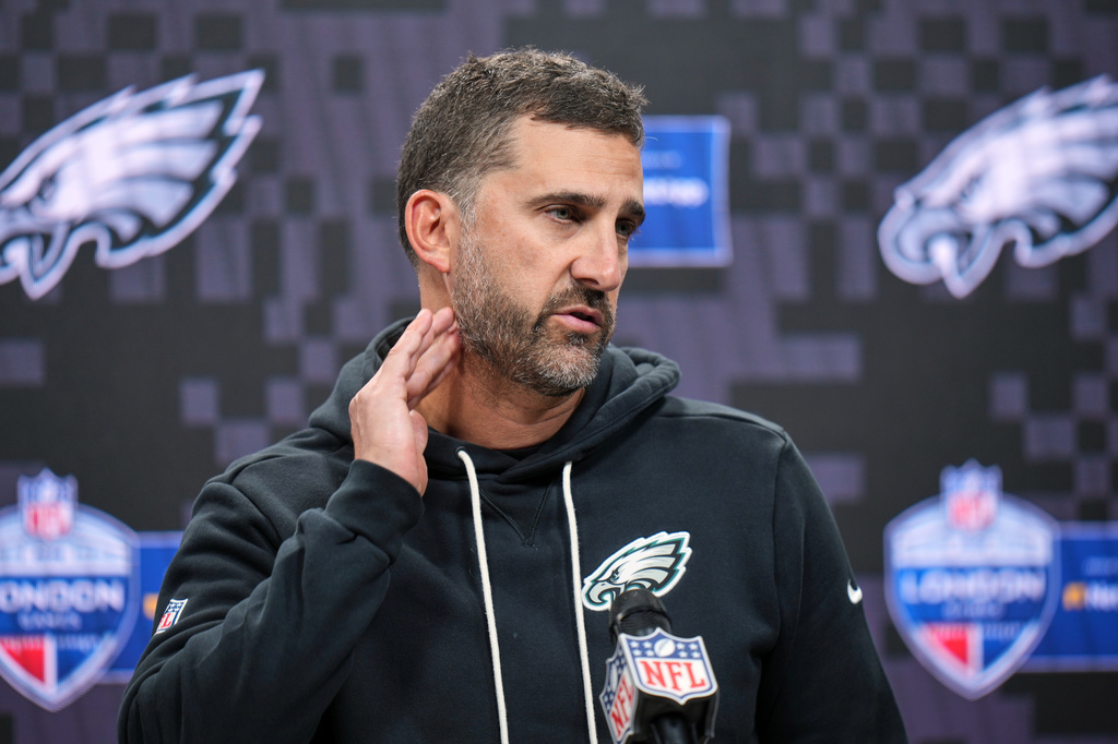 Philadelphia Eagles head coach Nick Sirianni attends a press conference after an NFL football game against Jacksonville Jaguars in London, Sunday, Oct. 11, 2026. (AP Photo/Alastair Grant)