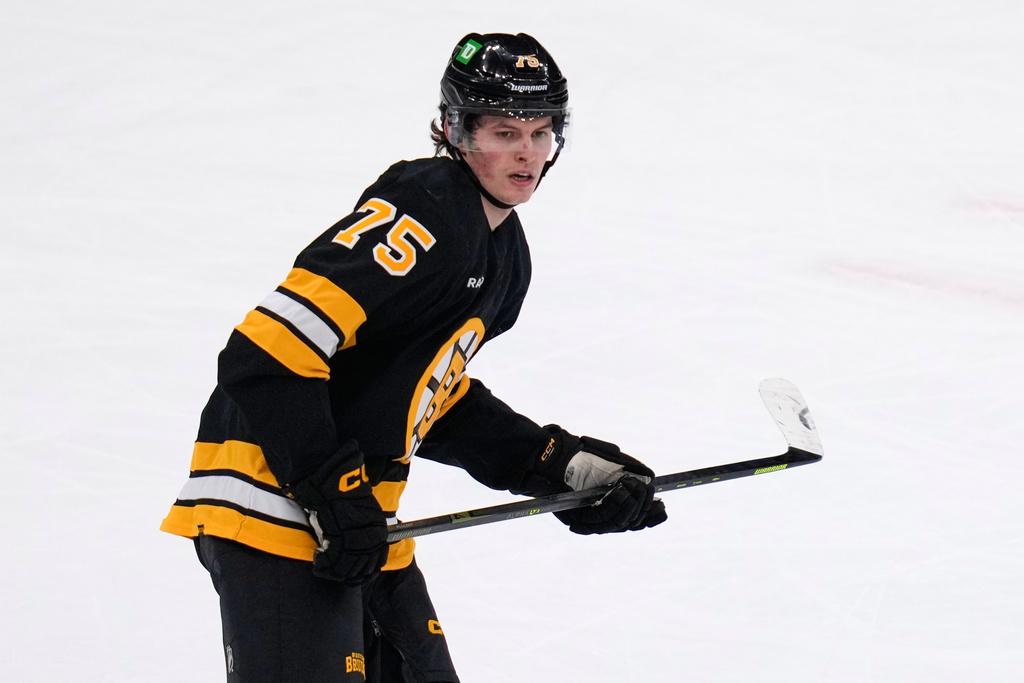 Boston Bruins left wing Lukas Reichel follows a play during the second period of an NHL hockey game against the Winnipeg Jets, Thursday, March 19, 2026, in Boston. (AP Photo/Charles Krupa)
