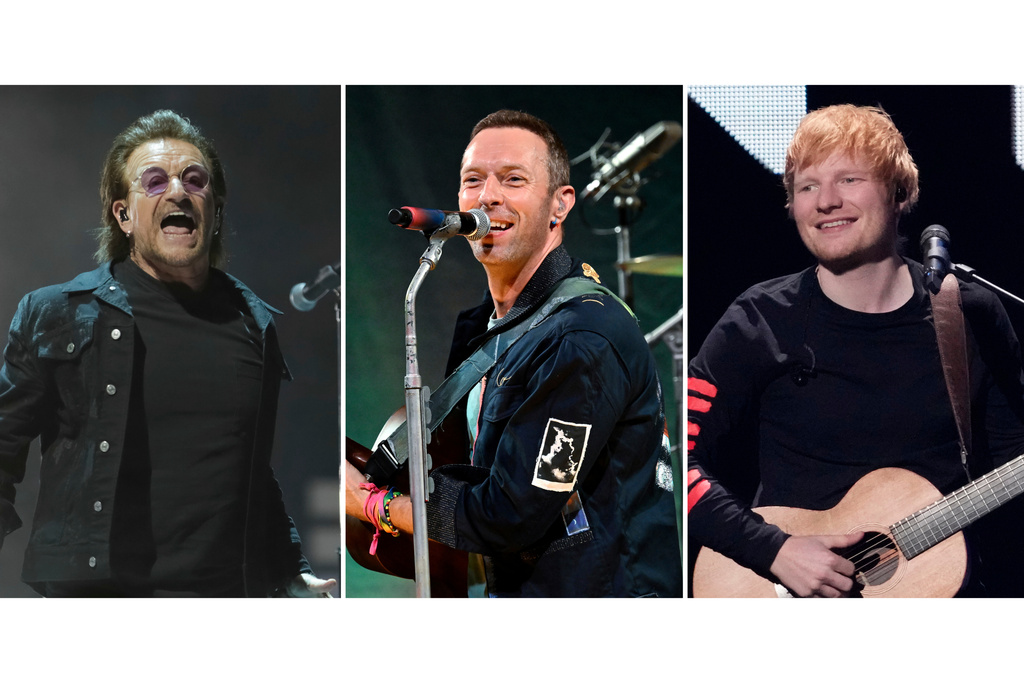 This combination of images shows Bono, from left, Chris Martin, and Ed Sheeran. (AP Photo)