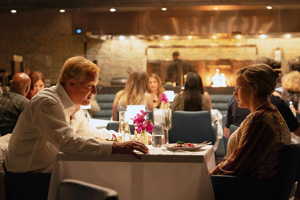 This image released by Hulu shows Patricia Arquette, right, and Jason Clarke in a scene from the limited series "Murdaugh: Death in the Family." (Daniel Delgado Jr./Hulu via AP)