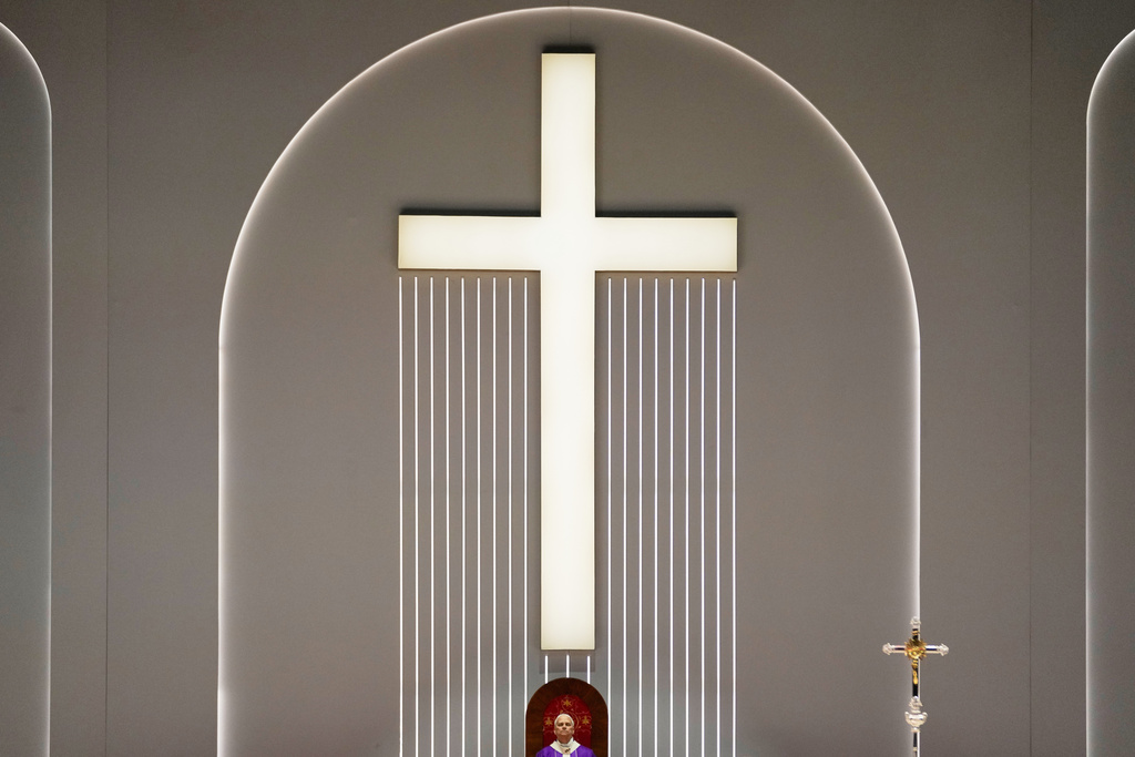 Pope Leo XIV celebrates a Mass at the Volkswagen Arena, in Istanbul, Turkey, Saturday, Nov. 29, 2025. (AP Photo/Khalil Hamra)
