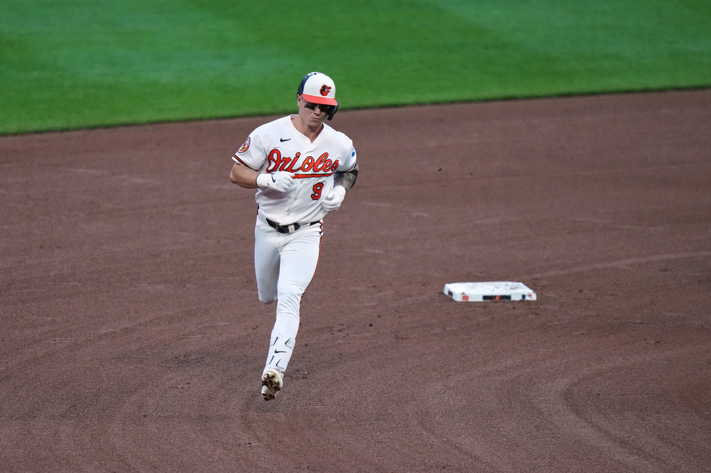 Baltimore Orioles' Tyler O'Neill (9) rounds the bases after hitting a two-run home run during the fourth inning of a baseball game against the Los Angeles Angels, Wednesday, Aug. 5, 2026, in Baltimore. (AP Photo/Stephanie Scarbrough)