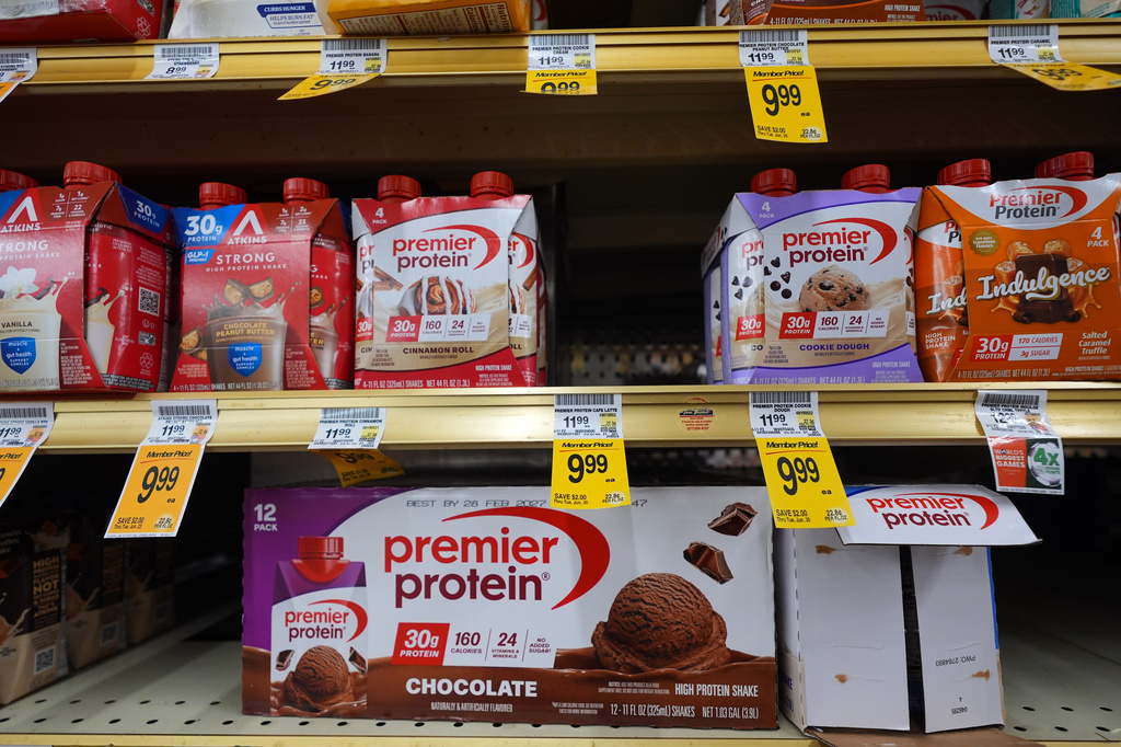 Protein products sit for sale at a grocery store, Wednesday, June 10, 2026, in Dallas. (AP Photo/LM Otero)