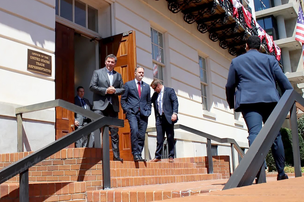 Canada-U.S. Trade Minister Dominic LeBlanc, centre left, and United States Trade Representative Jamieson Greer, leave a meeting in Washington, D.C., on Wednesday, Aug. 19, 2026, the day after the Trump administration temporarily delayed tariffs on Canada. (Kelly Geraldine Malone/The Canadian Press via AP)