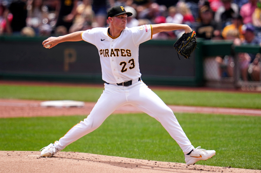 Pittsburgh Pirates pitcher Mitch Keller delivers during the first inning of a baseball game against the Cincinnati Reds in Pittsburgh, Sunday, June 28, 2026. (AP Photo/Gene J. Puskar)