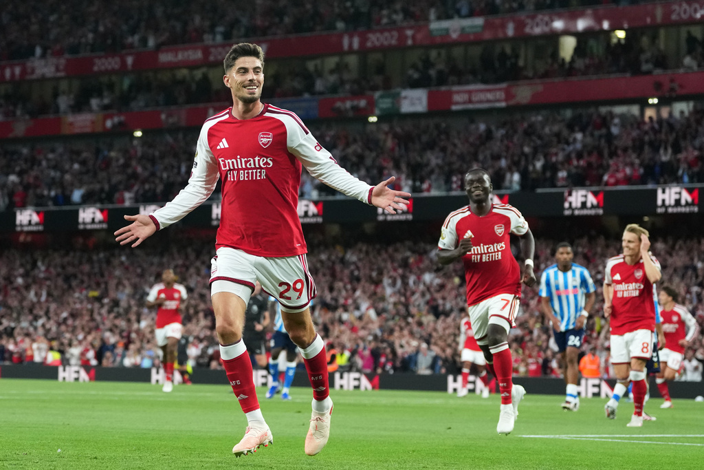 Arsenal's Kai Havertz celebrates after scoring the opening goal during the English Premier League soccer match between Arsenal and Coventry City in London, Friday, Aug. 21, 2026. (AP Photo/Kirsty Wigglesworth)
