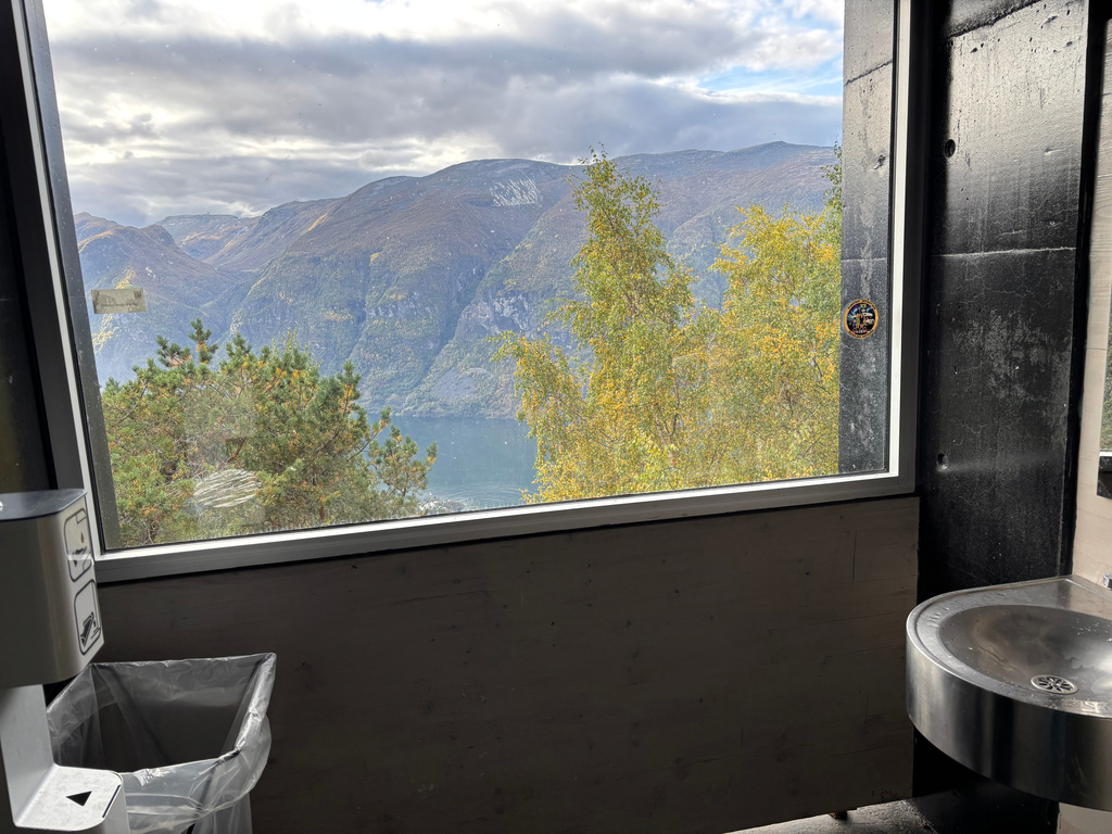 An image taken inside the public restrooms overlooking a fjord at the Stegastein viewpoint in Aurland, Norway, on Sept. 27, 2026. (AP Photo/Stefanie Dazio)