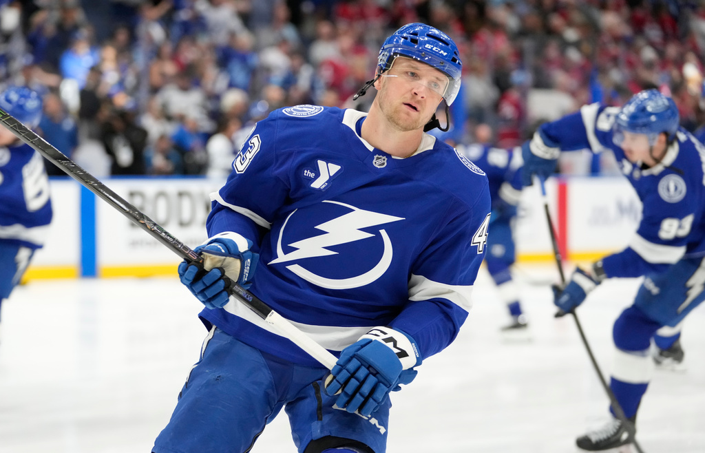 FILE - Tampa Bay Lightning defenseman Darren Raddysh (43) before Game 1 of an NHL hockey Stanley Cup first-round playoff series against the Montréal Canadiens, April 19, 2026, in Tampa, Fla. (AP Photo/Chris O'Meara, File)