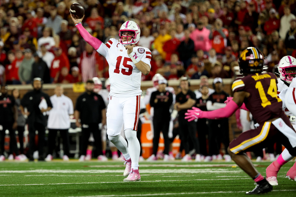 Nebraska quarterback Dylan Raiola (15) passes up the field during the first half of an NCAA college football game against Minnesota, Friday, Oct. 17, 2025, in Minneapolis. (AP Photo/Ellen Schmidt)