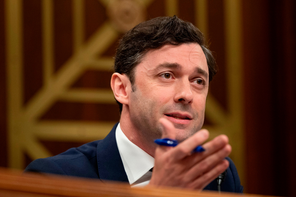 Ranking member Sen. Jon Ossoff, D-Ga., questions Veterans Affairs Secretary Doug Collins during a Senate Committee on Appropriations, Subcommittee on Military Construction, Veterans Affairs, and Related Agencies hearing on the President's Fiscal Year 2027 Budget Request for the Department of Veterans Affairs, Thursday, April 30, 2026 in Washington. (AP Photo/Kevin Wolf)