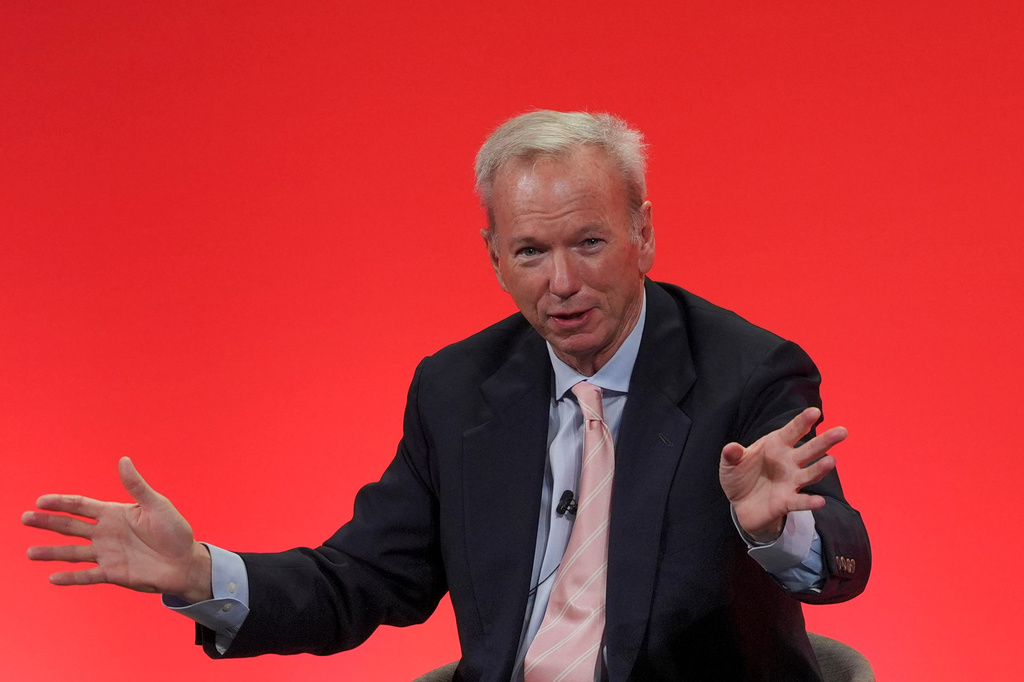 FILE - Former CEO of Google, Eric Schmidt speaks during the International Investment Summit in London, Oct. 14, 2024. (Jonathan Brady/Pool Photo via AP)
