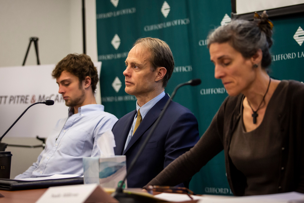 FILE - From left, Samya Stumo's brother Adnaan Stumo, father Michael Stumo and mother Nadia Milleron attend a news conference at the law offices of Cotchett, Pitre & McCarthy about the lawsuit the family is filing against the Federal Aviation Administration, Boeing, Ethiopian Airlines and Rosemount Aerospace after Samya Stumo was a victim in the crash of Ethiopian Airlines Flight 302, April 4, 2019. (Ashlee Rezin/Chicago Sun-Times via AP, File)