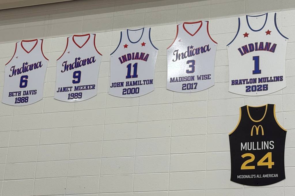 The McDonald's All-American and Indiana Mr. Basketball jersey of Braylon Mullins, who scored the game-winning basket for UConn in the Husky's Elite Eight win over Duke in the NCAA college basketball tournament, is displayed in Greenfield Central High School's gymnasium in Greenfield, Ind., Monday, March 30, 2026, following the Husky's Elite Eight win over Duke in the NCAA Tournament. (AP Photo/Mike Marot)