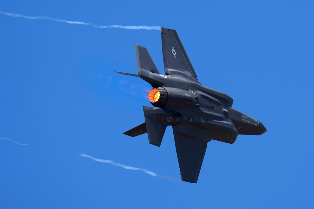 FILE - U.S. Air Force fighter aircraft F-35 performs aerobatic maneuvers on the second day of the Aero India 2023 at Yelahanka air base in Bengaluru, India, Feb. 14, 2023. (AP Photo/Aijaz Rahi, File)