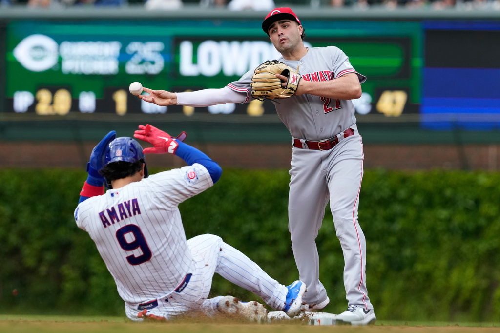 Cincinnati Reds second baseman Sal Stewart, right, throws out Chicago Cubs' Nico Hoerner at first after forcing out Miguel Amaya at second during the third inning of a baseball game in Chicago, Thursday, May 7, 2026. (AP Photo/Nam Y. Huh)