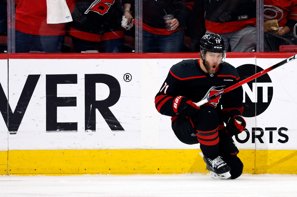 Carolina Hurricanes' Taylor Hall celebrates after his goal against the Montreal Canadiens during the first period in Game 5 of the Eastern Conference finals NHL hockey Stanley Cup playoff series in Raleigh, N.C., Friday, May 29, 2026. (AP Photo/Karl DeBlaker)