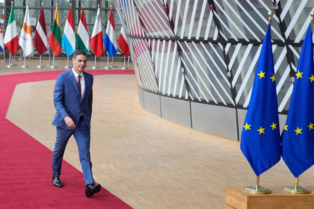 FILE - Spain's Prime Minister Pedro Sanchez arrives for an EU summit at the European Council building in Brussels, Thursday, June 29, 2023. (AP Photo/Virginia Mayo, File)
