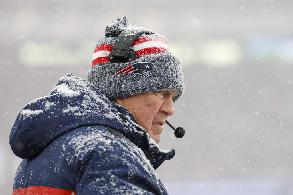 FILE - New England Patriots head coach Bill Belichick on the sideline during the first half of an NFL football game against the New York Jets on Sunday, Jan. 7, 2024, in Foxborough, Mass. (AP Photo/Greg M. Cooper, File)