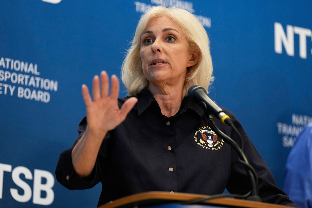 Jennifer Homendy, chair of the National Transportation Safety Board, speaks during a news conference in New York, Monday, March 23, 2026. (AP Photo/Seth Wenig)