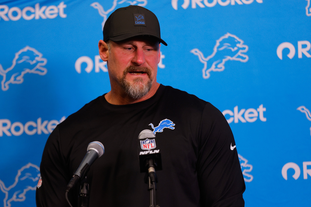 Detroit Lions head coach Dan Campbell speaks in a news conference after an NFL football game against the Minnesota Vikings, Thursday, Dec. 25, 2025, in Minneapolis. (AP Photo/Bruce Kluckhohn)