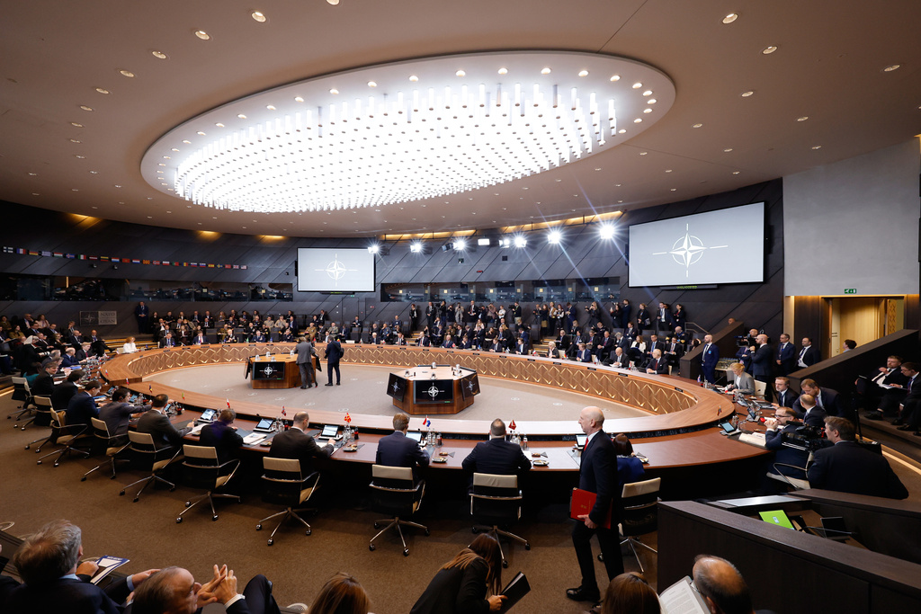 A general view of the round table during a meeting of the North Atlantic Council in Defense Ministers Session at NATO headquarters in Brussels, Thursday, Feb. 12, 2026. (AP Photo/Geert Vanden Wijngaert)