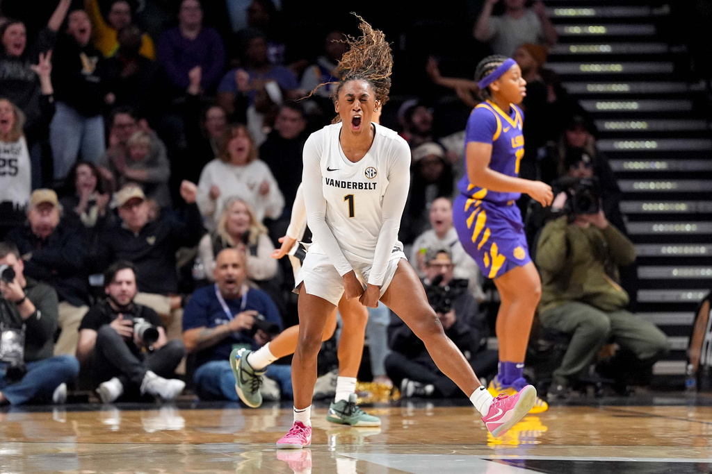 Vanderbilt guard Mikayla Blakes (1) celebrates after making a 3-point shot against LSU during the second half of an NCAA college basketball game, Sunday, Jan. 4, 2026, in Nashville, Tenn. (AP Photo/Camden Hall)